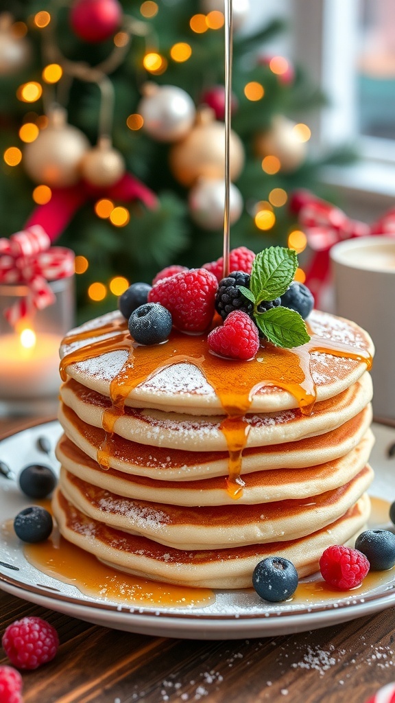Festive Christmas Pancakes Recipe Fluffy Christmas pancakes with berries and maple syrup on a festive table.